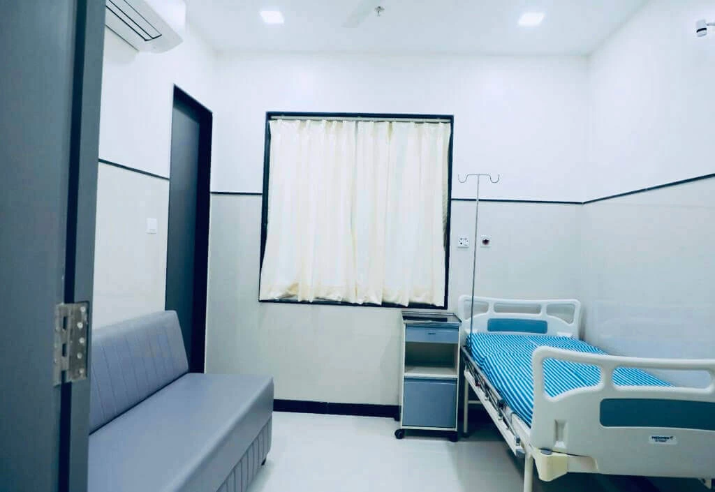 Well-maintained hospital hallway with modern infrastructure